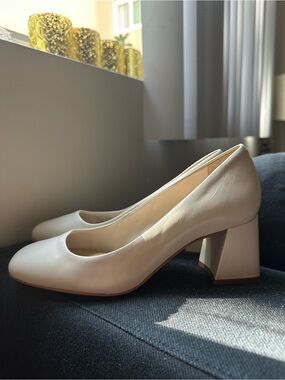 Gianni Bini Leather Cream Block Heel Pumps